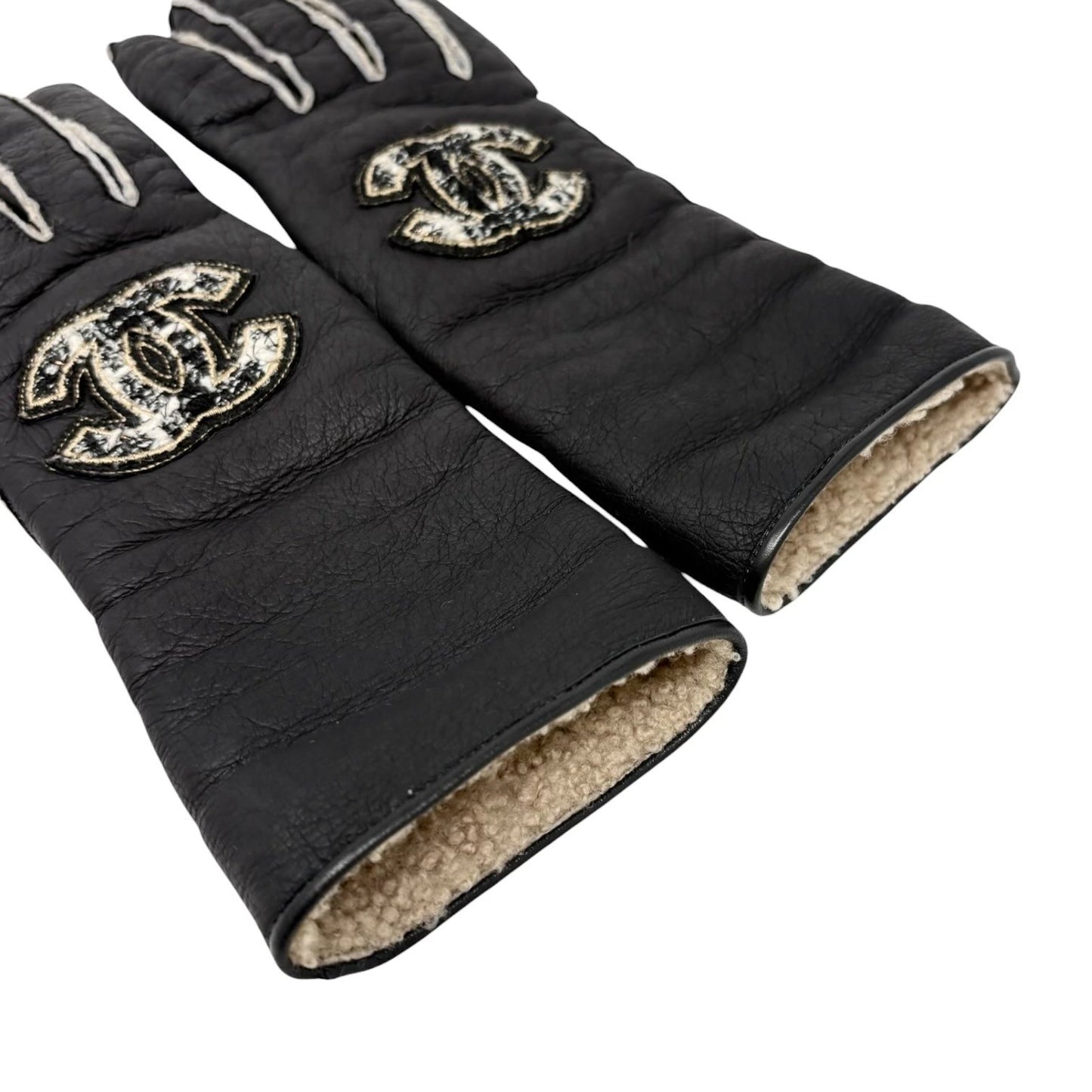CHANEL Vintage Big CC Logo Shearling Trim Leather Gloves #7 Brown 901931