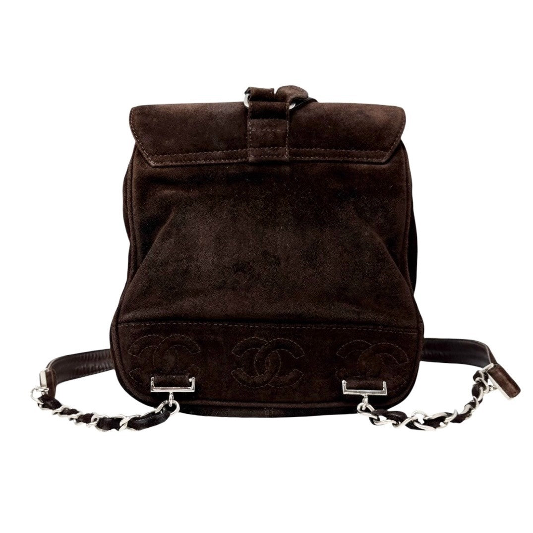 CHANEL Vintage CC Mark Logo Turn Lock Backpack Stitch Brown Silver Suede