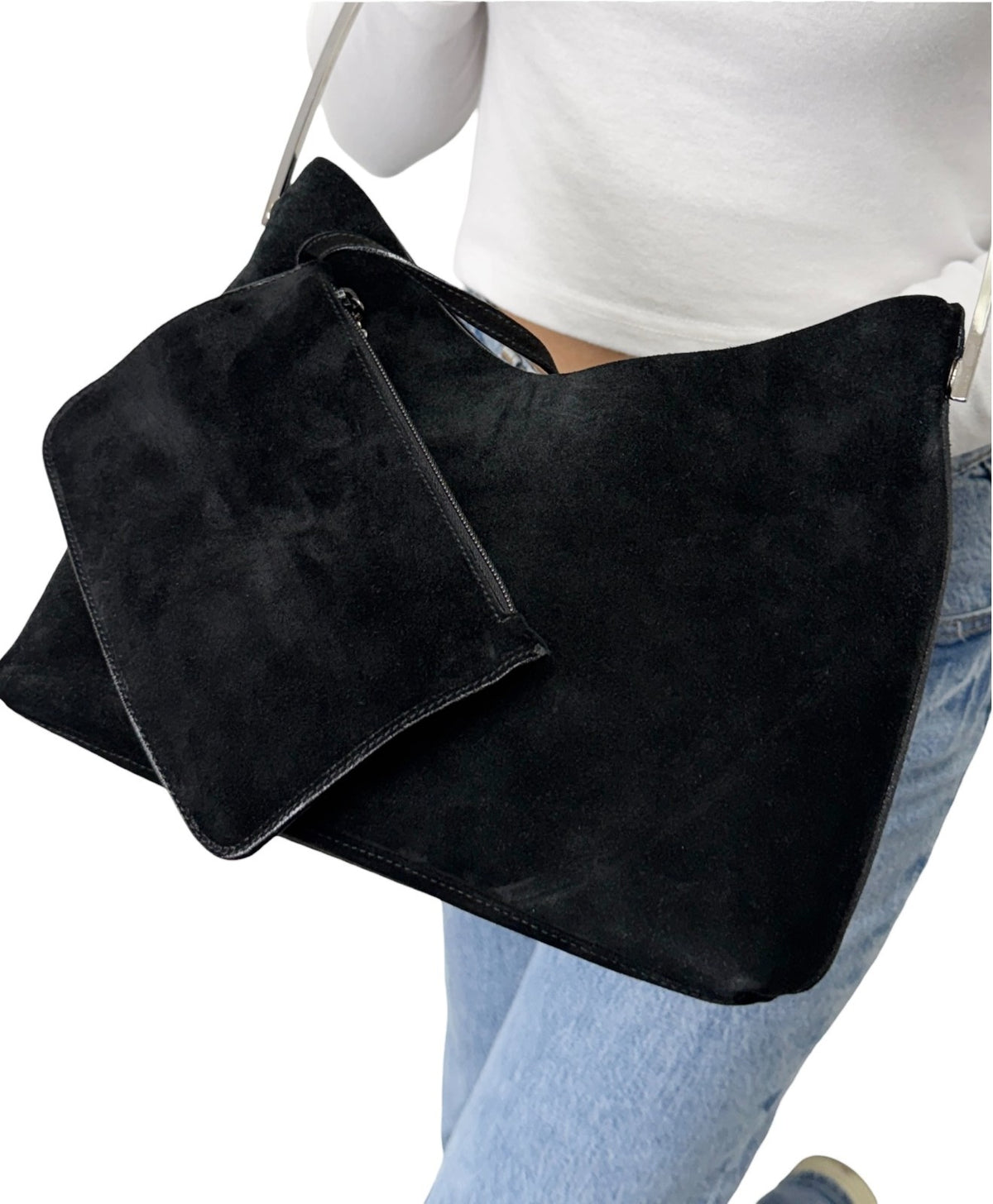 Gucci Vintage Logo Pouch Set Hobo Shoulder Bag Black Silver Suede 902828