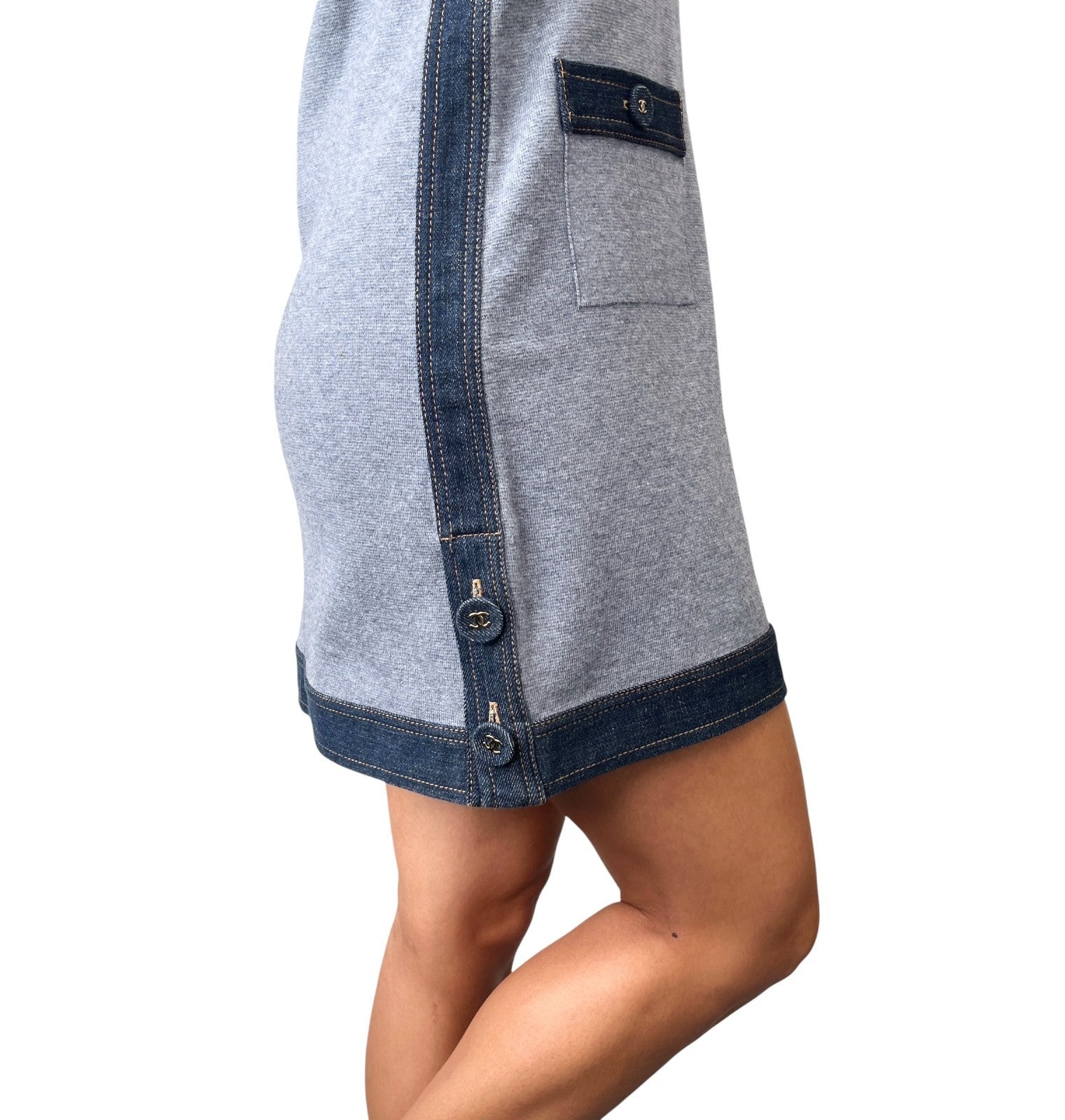 CHANEL Vintage 07P CC Mark Logo Sleeveless Dress #34 Denim Blue Cotton Silk