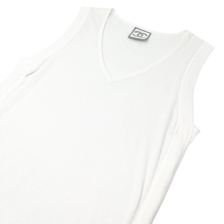 CHANEL Sport Vintage 06P CC Mark Logo Rib Tank Top #38 White Cotton Rayon
