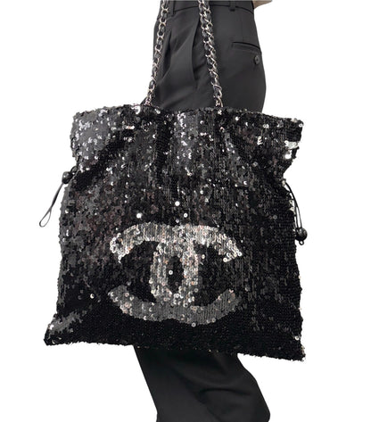 CHANEL Vintage CC Logo Sequins Chain Shoulder Bag Black Silver Leather 902476