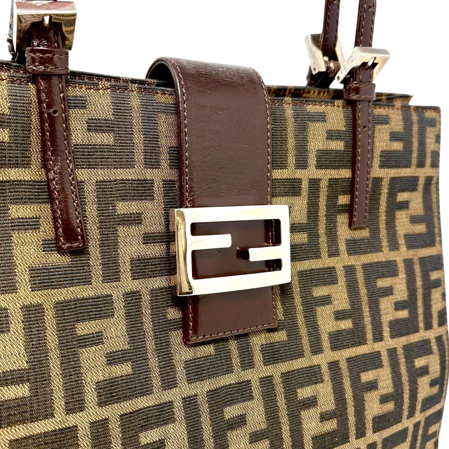 Fendi Vintage Zucca Canvas Tote Shoulder Bag Brown FF Logo Monogram Leather