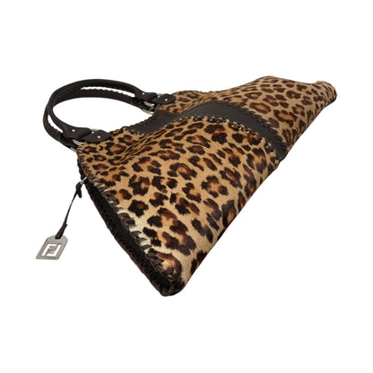 FENDI Vintage Leopard Pony Calf Hair Shoulder Bag Camel Brown Leather 902475