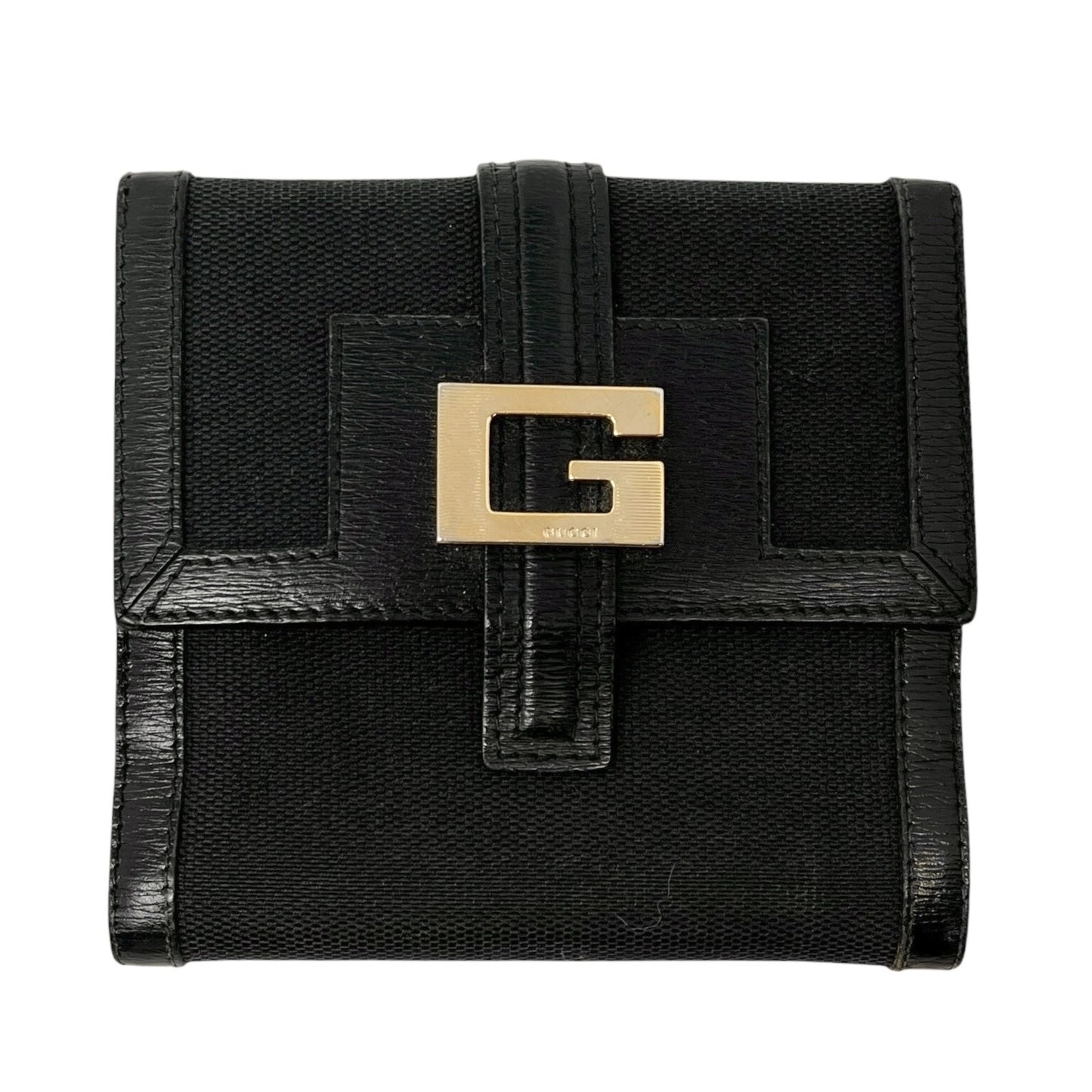 GUCCI Vintage G Square Logo Compact Wallet Button Black Gold Cotton