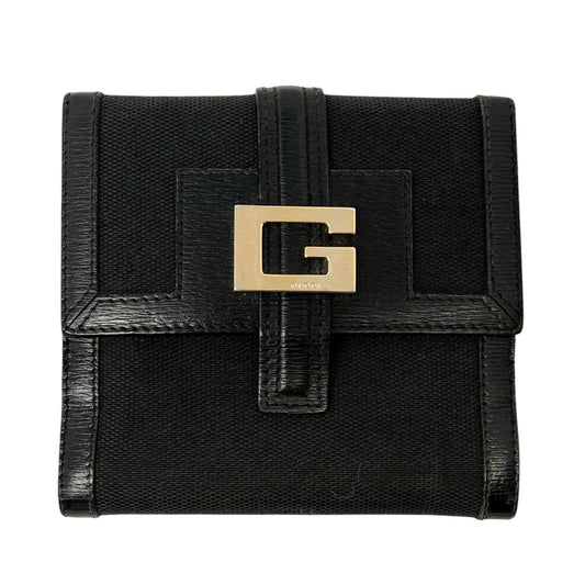 GUCCI Vintage G Square Logo Compact Wallet Button Black Gold Cotton