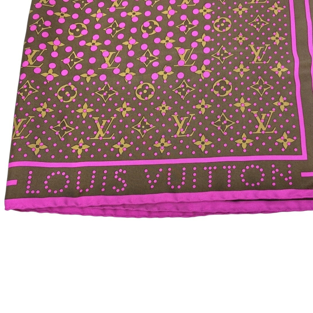LOUIS VUITTON Vintage LV Logo Monogram Scarf Wrap Shawl Brown Pink Dot Silk