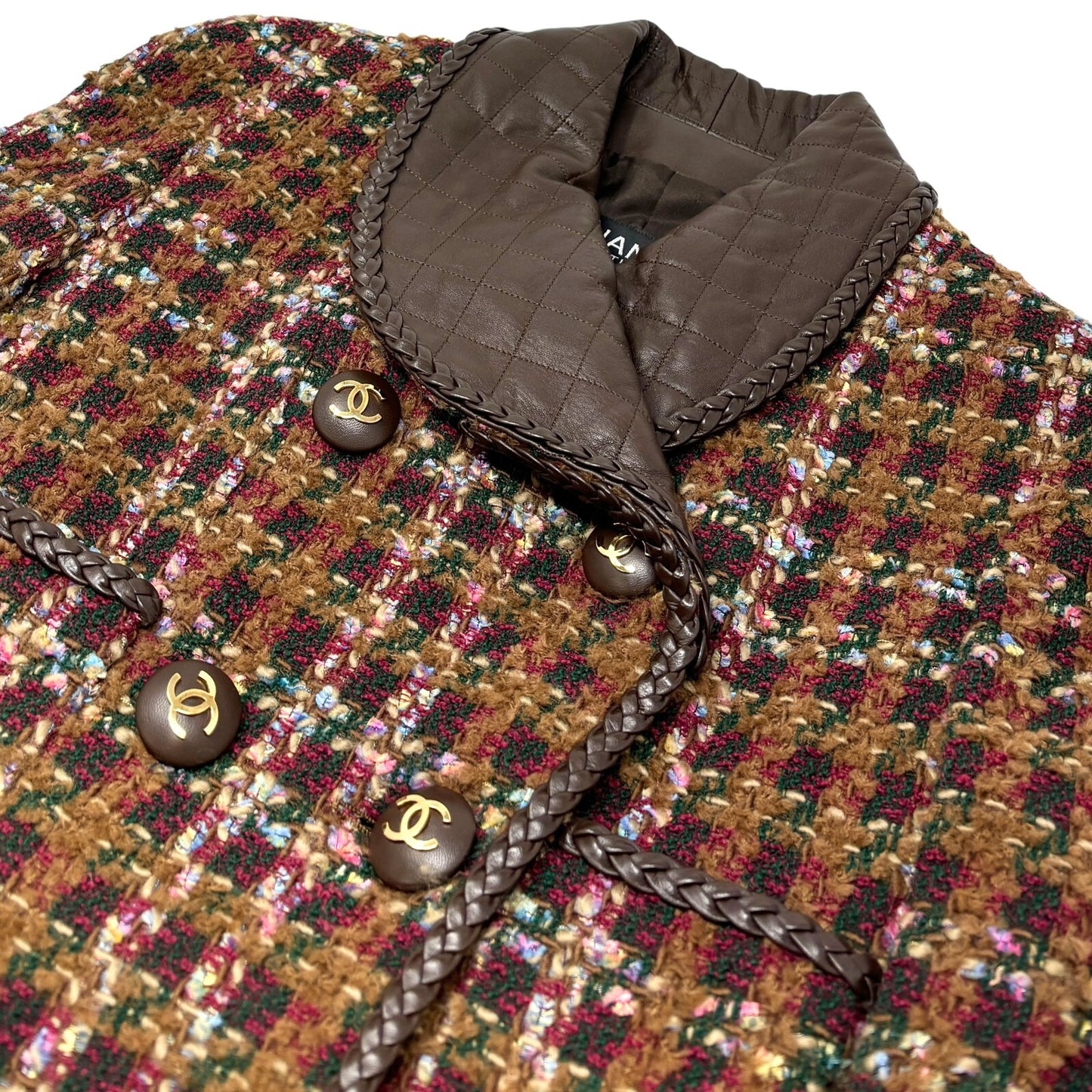 CHANEL Vintage 92A CC Logo Tweed Jacket #38 Multicolor Button Wool Leather