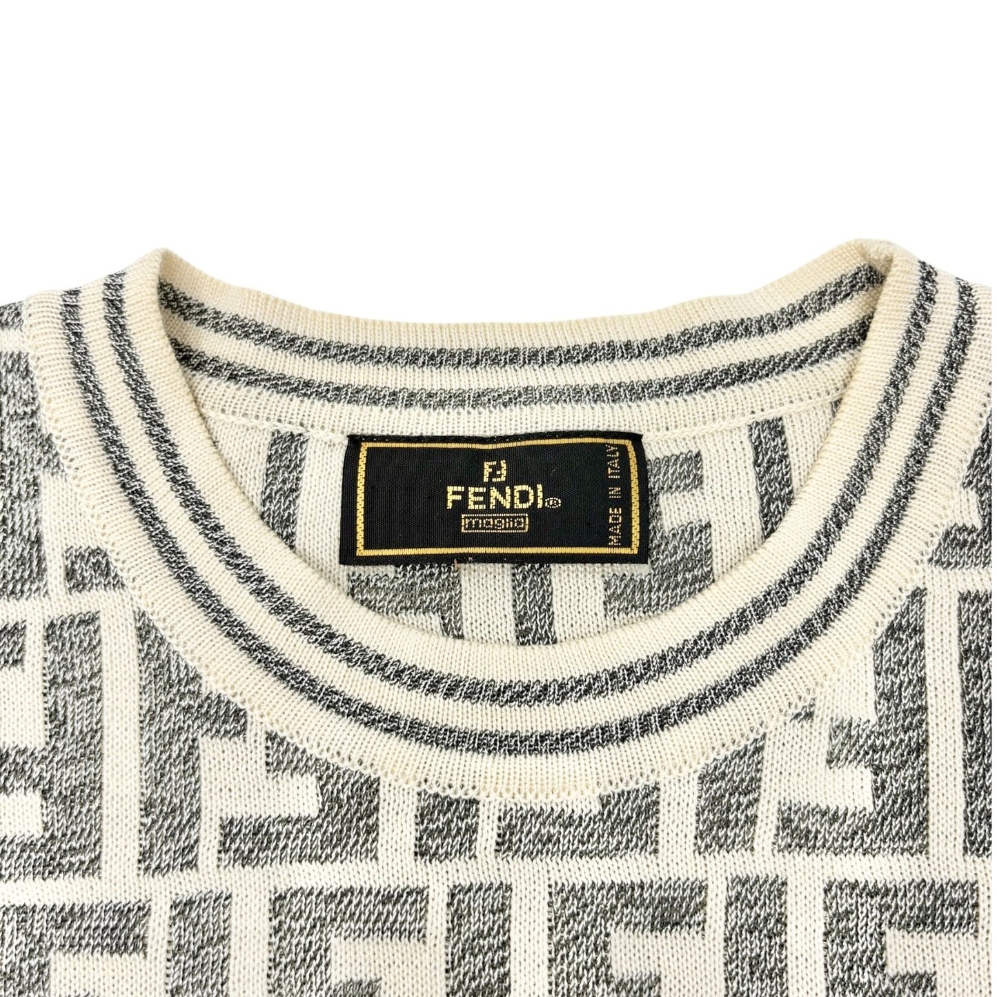 FENDI Vintage Zucca Monogram Short Sleeve Sweater Knit Top Cotton Gray Cream