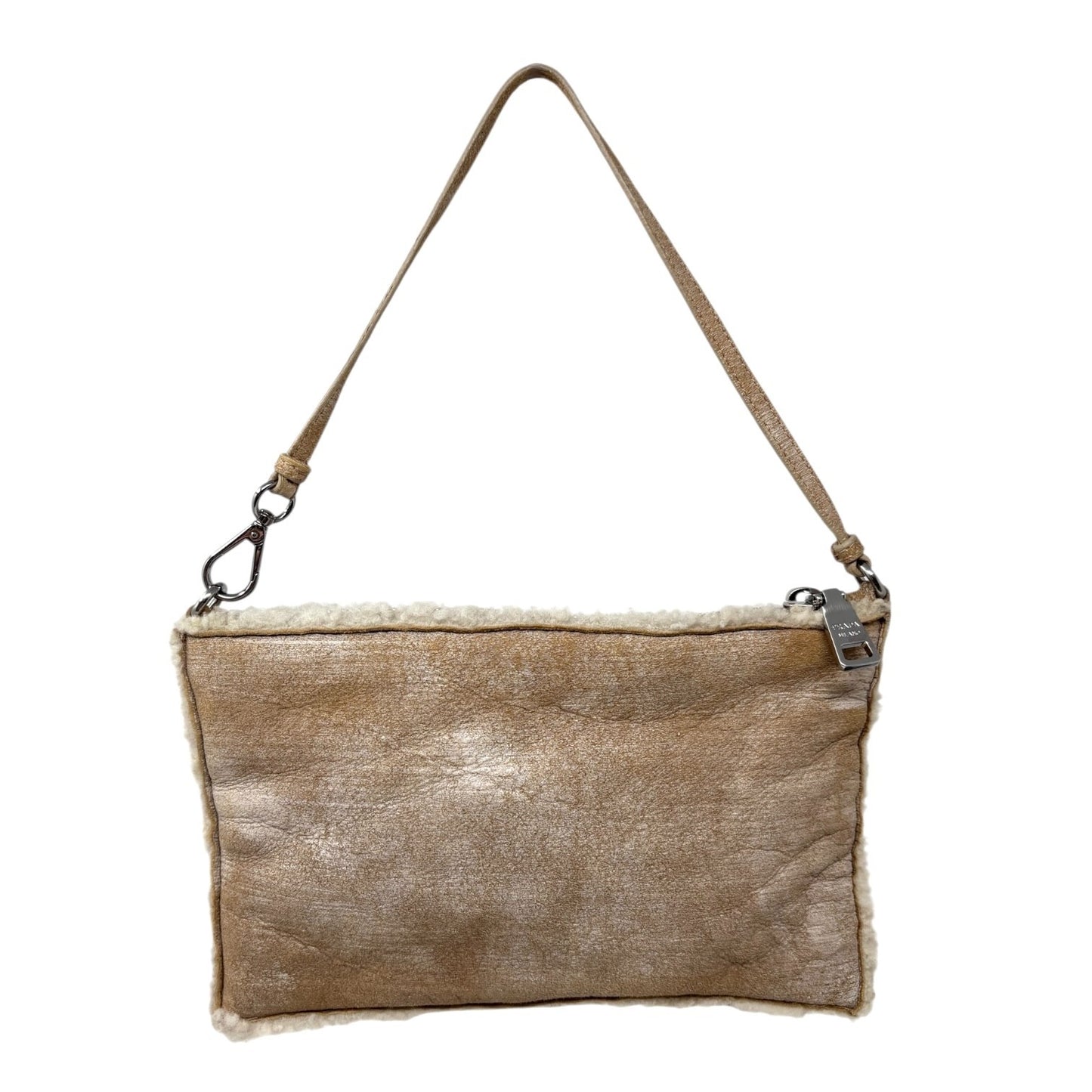 PRADA Vintage Logo Shearling Leather Mini Bag Pochete Pouch Beige White Suede