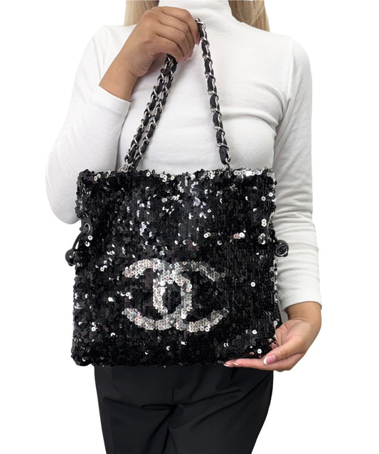 CHANEL Vintage CC Logo Sequins Chain Shoulder Bag Black Silver Leather 902342
