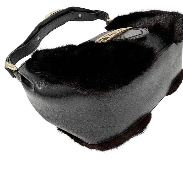 FENDI Vintage Logo Fur Baguette Mini Shoulder Bag Handbag Black Gold Leather