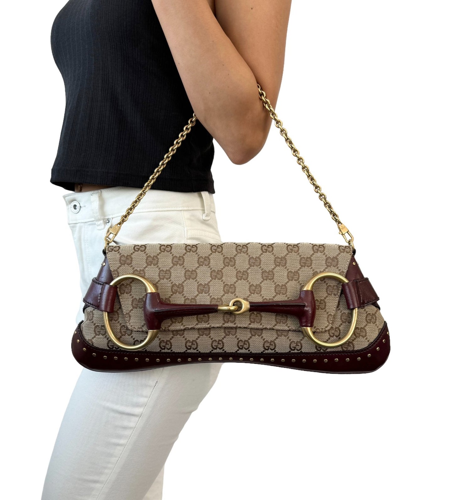 GUCCI Vintage Horsebit GG Monogram Chain Shoulder Bag Studs Beige 901830