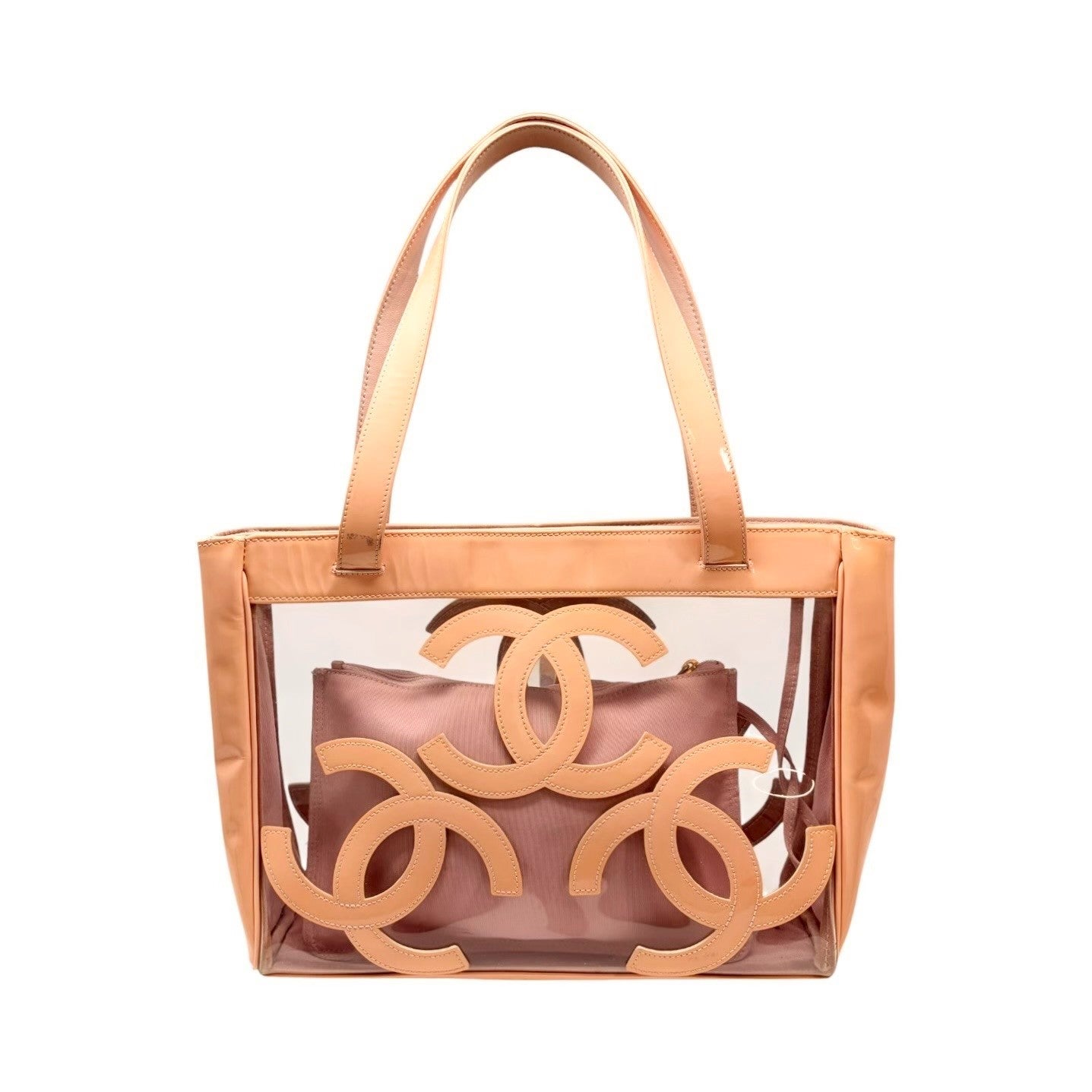 CHANEL Vintage Triple CC Logo Clear Tote Shoulder Bag Pink Beige Pouch 902078