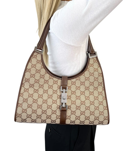 GUCCI Vintage Jackie GG Monogram Shoulder Bag Beige Brown Canvas 902460