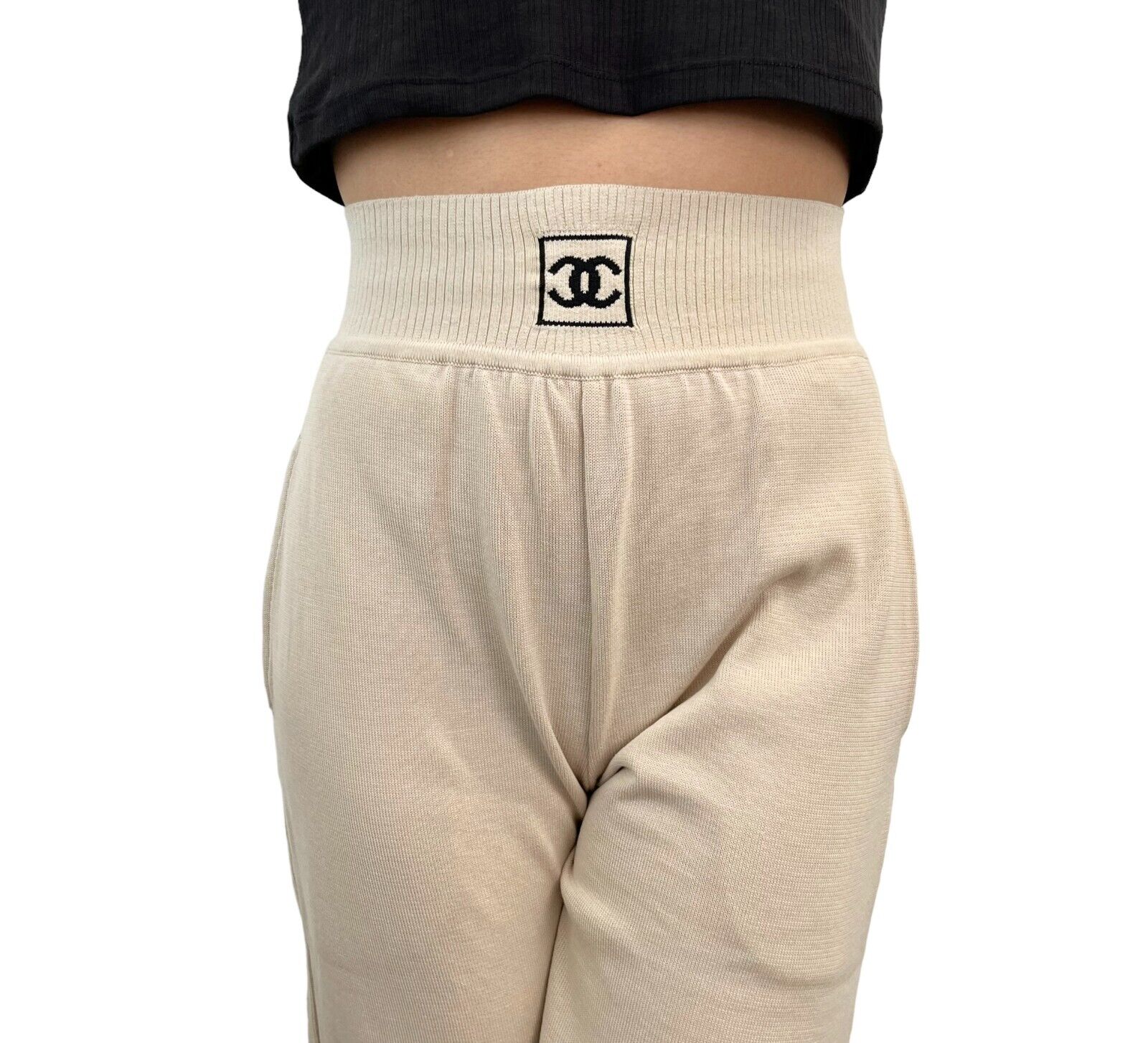 CHANEL Sport Vintage 03A Coco Mark Logo Pants #34 Beige Black Cotton Rank AB