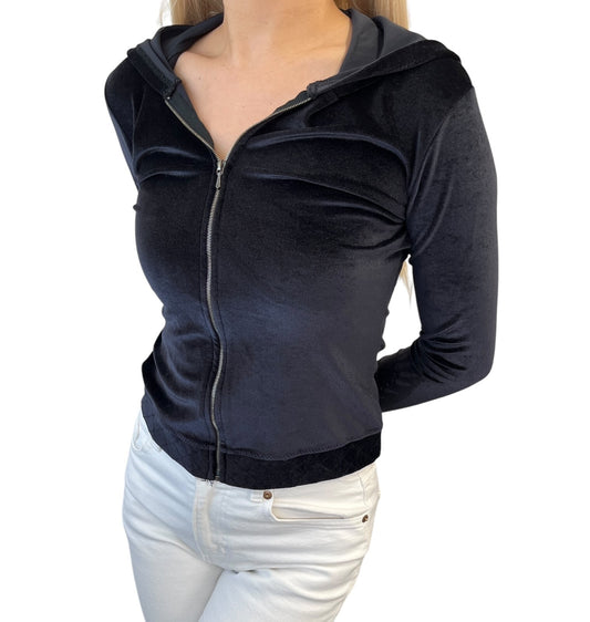 CHANEL Vintage 05C Hoodie Parka Jacket #36 Cropped Zip Velvet Black Nylon