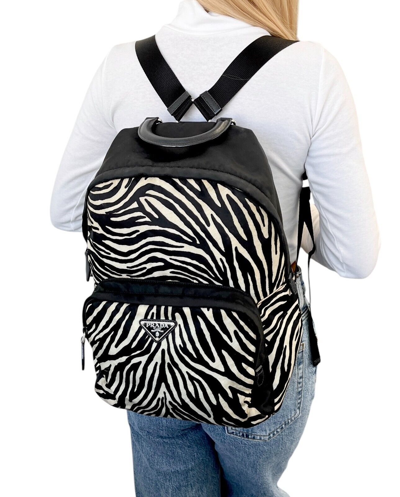 PRADA Vintage Logo Zebra Backpack Zip Mesh Black White Nylon Leather