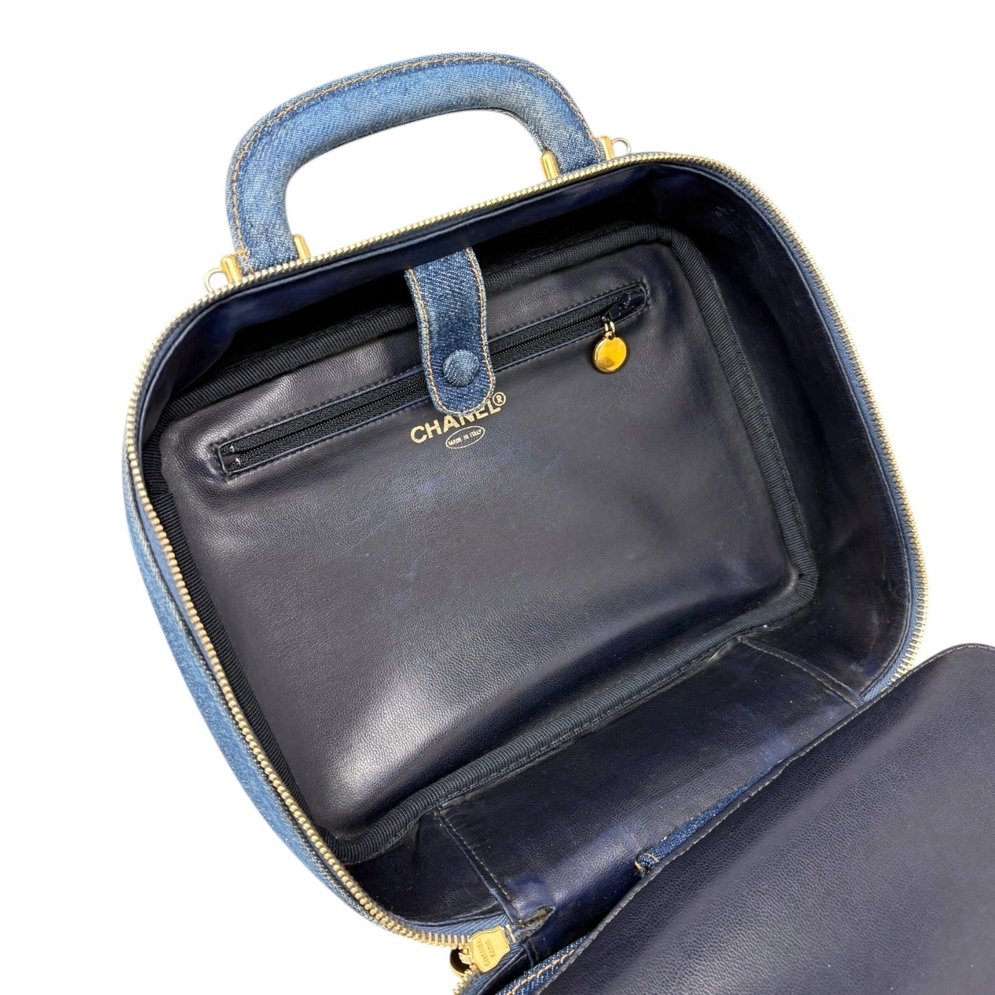 CHANEL Vintage CC Logo Denim 2way Vanity Shoulder Bag Blue Gold Handbag