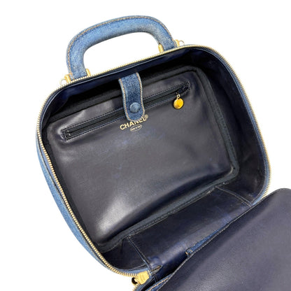 CHANEL Vintage CC Logo Denim 2way Vanity Shoulder Bag Blue Gold Handbag