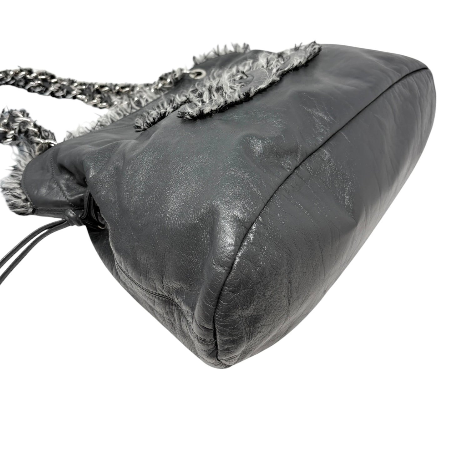 CHANEL Vintage CC Big Logo Funny Tweed Bon Bon Lambskin Shoulder Bag Gray Chain