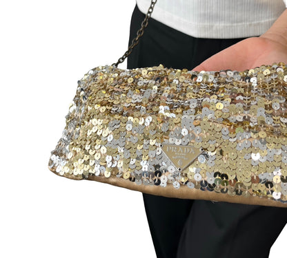 PRADA Vintage Triangle Logo Sequins Shoulder Bag Pochette Handbag Gold 902280