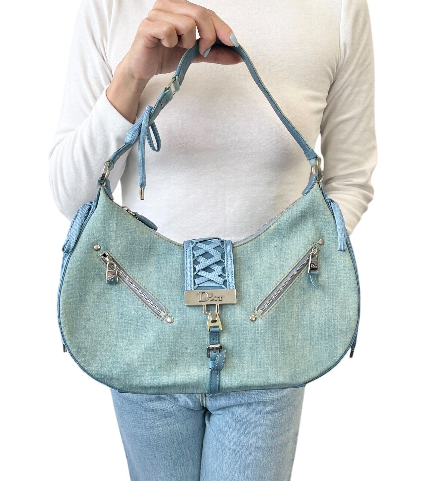 Christian Dior Vintage 2002 Admit It Denim Shoulder Bag Blue Silver Cotton