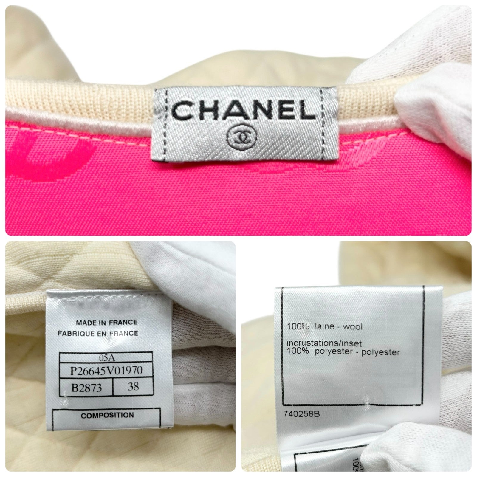 CHANEL Vintage 05A CC Logo Cambon Quilted Jacket #38 Zip Pocket Cream Wool
