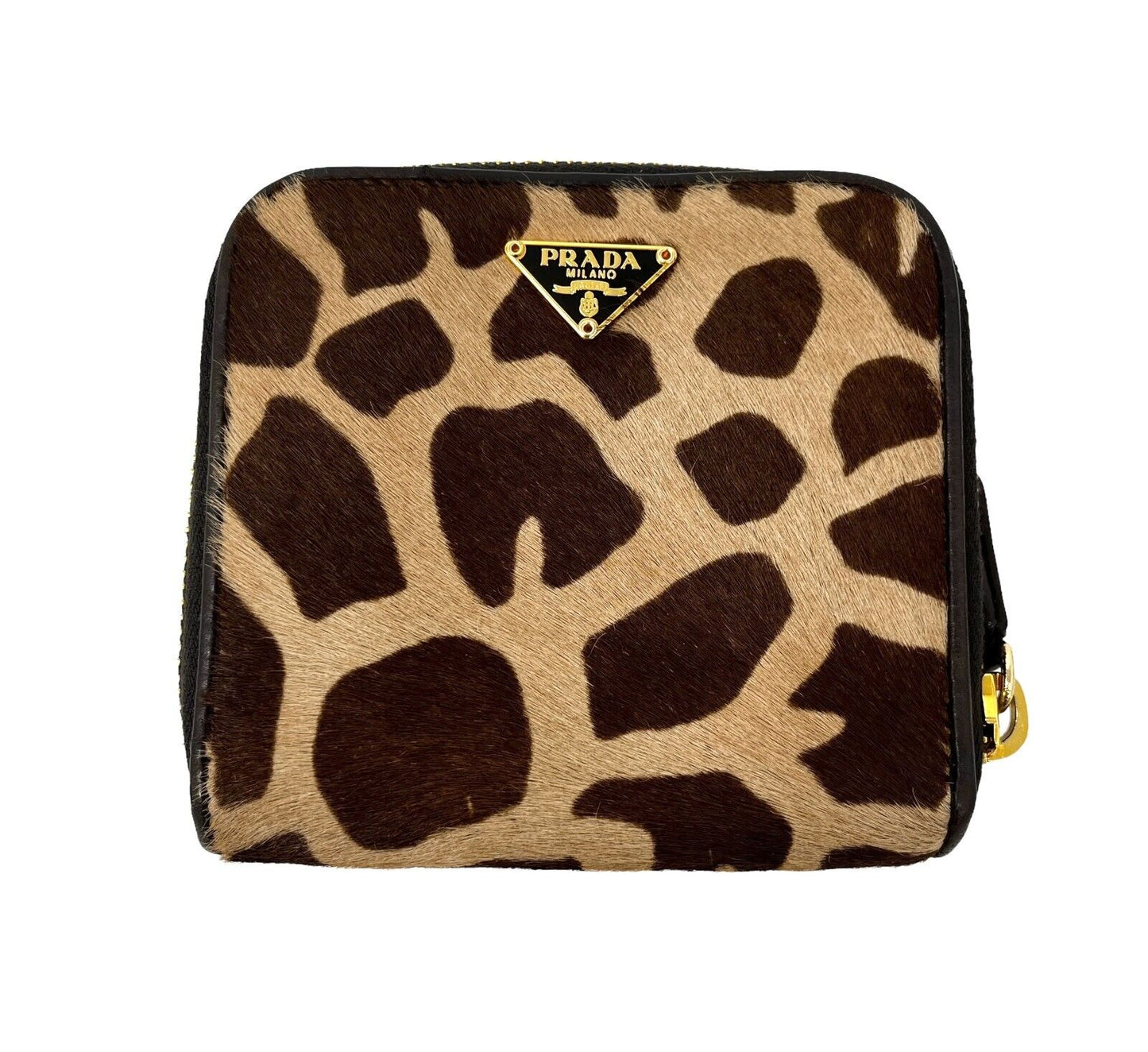 PRADA Vintage Logo Animal Print Wallet Calf Hair Zip Snap Brown Gold RankAB