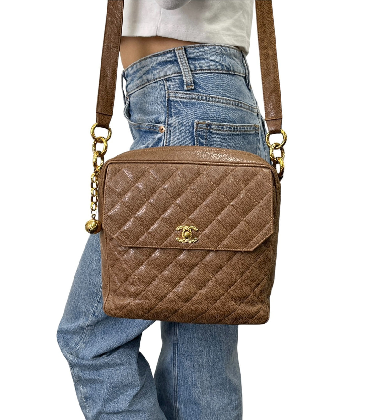 CHANEL Vintage CC Chain Turnlock Quilted Flap Shoulder Bag Brown Leather 902364