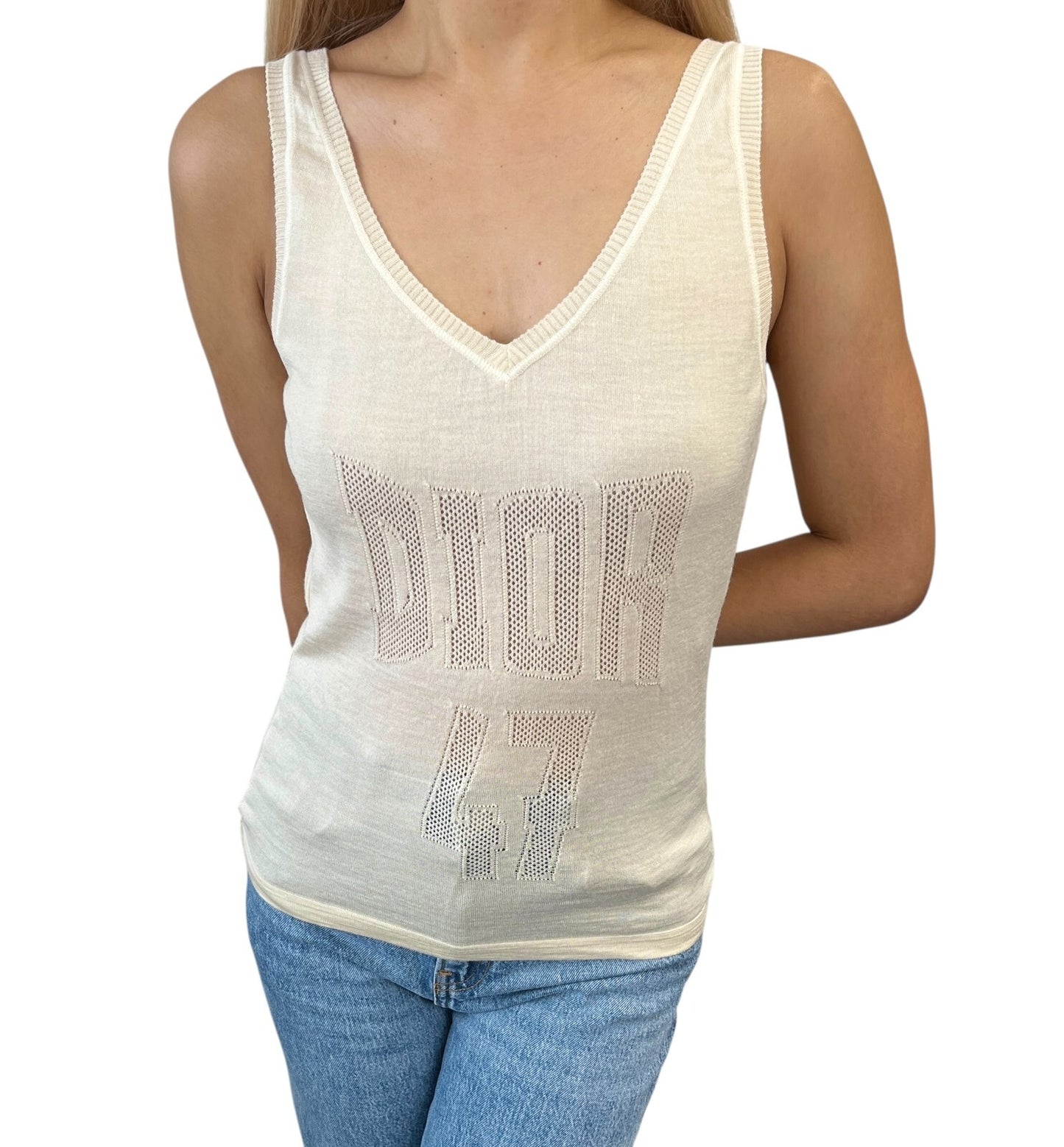 Christian Dior Vintage Logo V-neck Knit Tank Top Mesh Pullover Cream Cotton