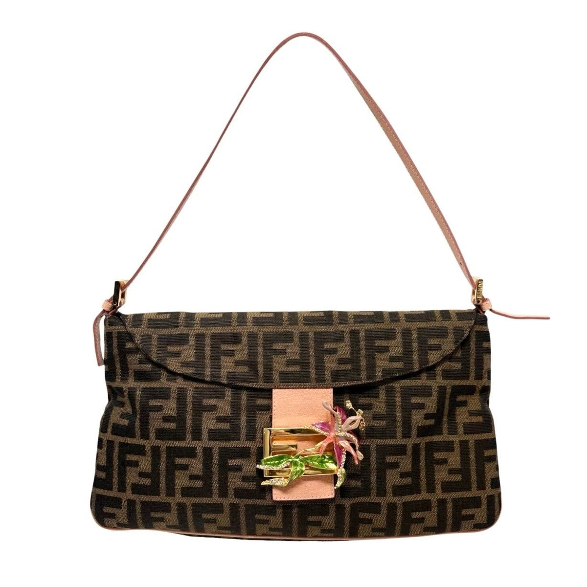 FENDI Vintage FF Mamma Baguette Flower Shoulder Bag Brown Salmon Pink 902468