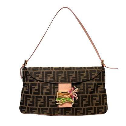 FENDI Vintage FF Mamma Baguette Flower Shoulder Bag Brown Salmon Pink 902468