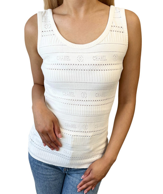 CHANEL Vintage 97P CC Logo Rib Knit Tank Top #38 Sleeveless White 901991