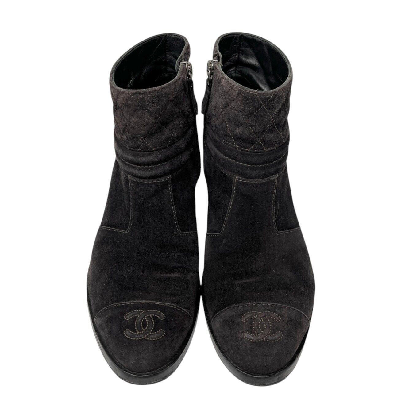 CHANEL Vintage CC Mark Logo Short Boots #38-38.5 Brown Suede Stitch Zip