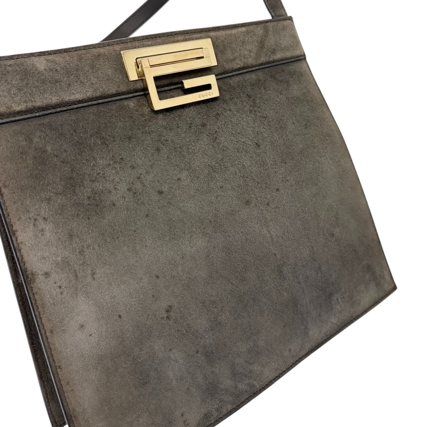 GUCCI Vintage G Square Logo Shoulder Bag Brown Gold Suede Leather 902021