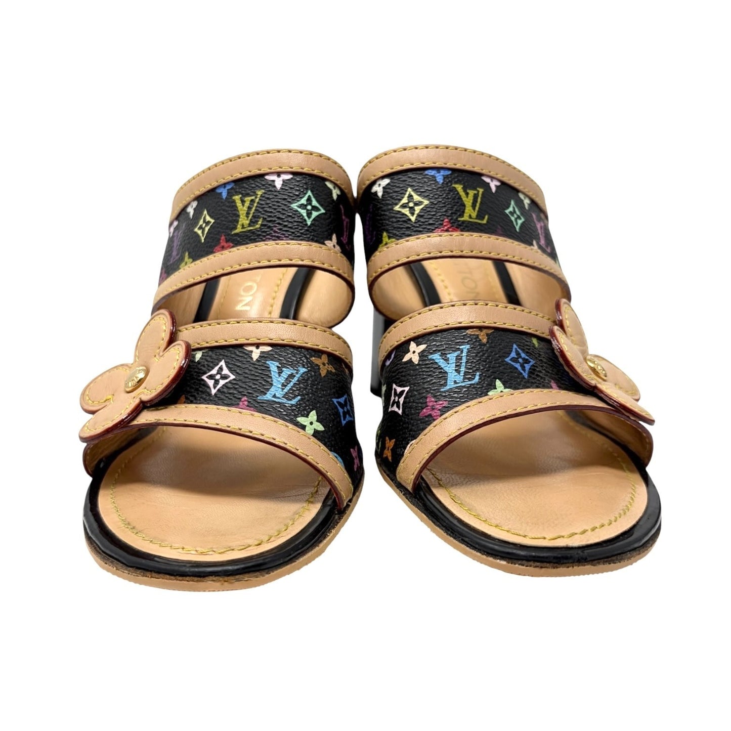 LOUIS VUITTON Vintage Monogram Multicolor Flower Sandals #36 Black Beige 901839