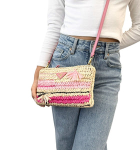 PRADA Vintage Logo Raffia Shoulder Bag Crossbody Zip Pink Cream Polyurethane