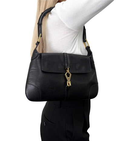GUCCI Vintage Bamboo Jackie Shoulder Top Handle Bag Black Gold Leather 902332
