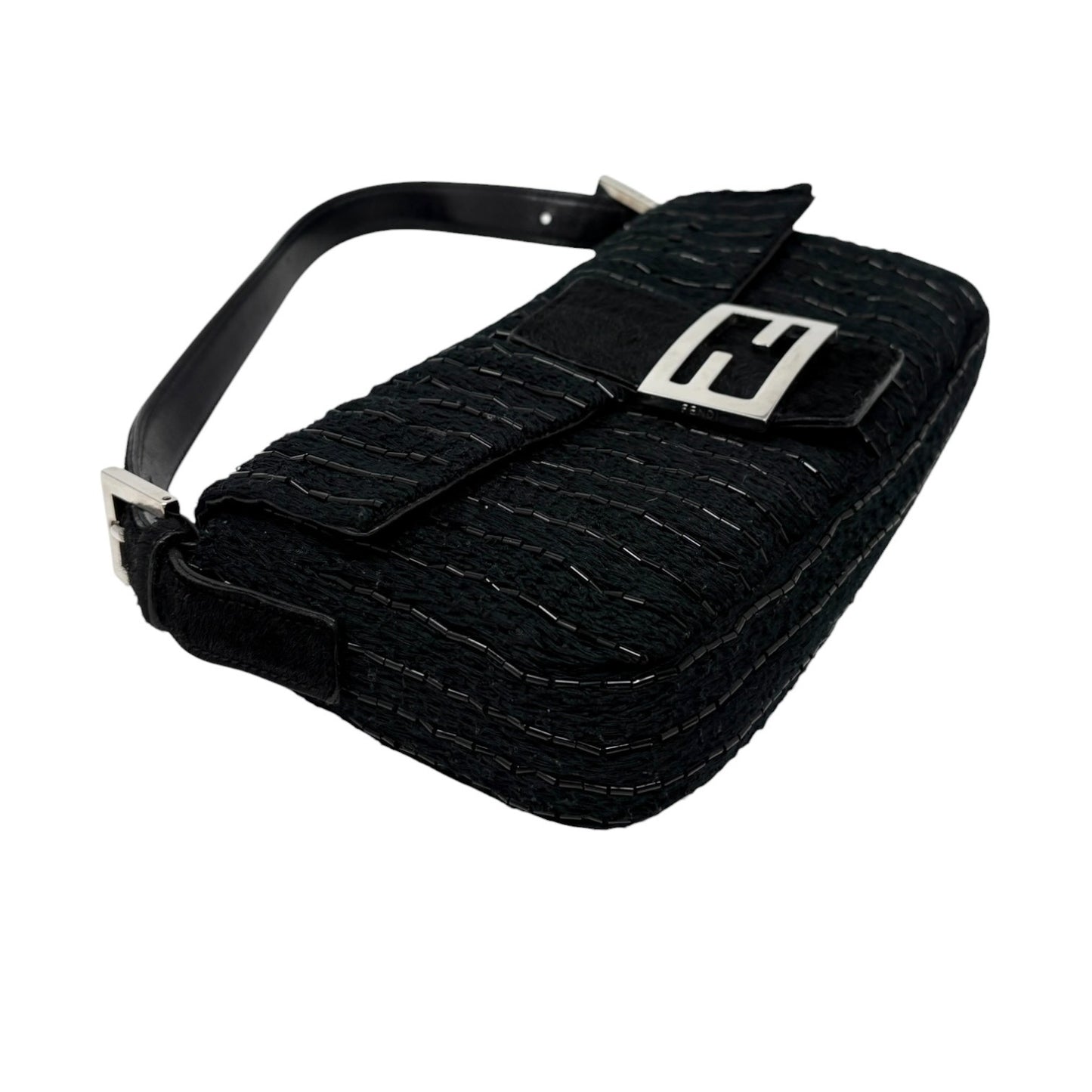 FENDI Vintage FF Logo Beads Knit Mamma Baguette Shoulder Bag Black 901891