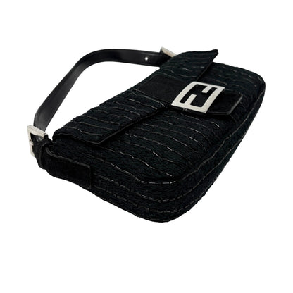 FENDI Vintage FF Logo Beads Knit Mamma Baguette Shoulder Bag Black 901891