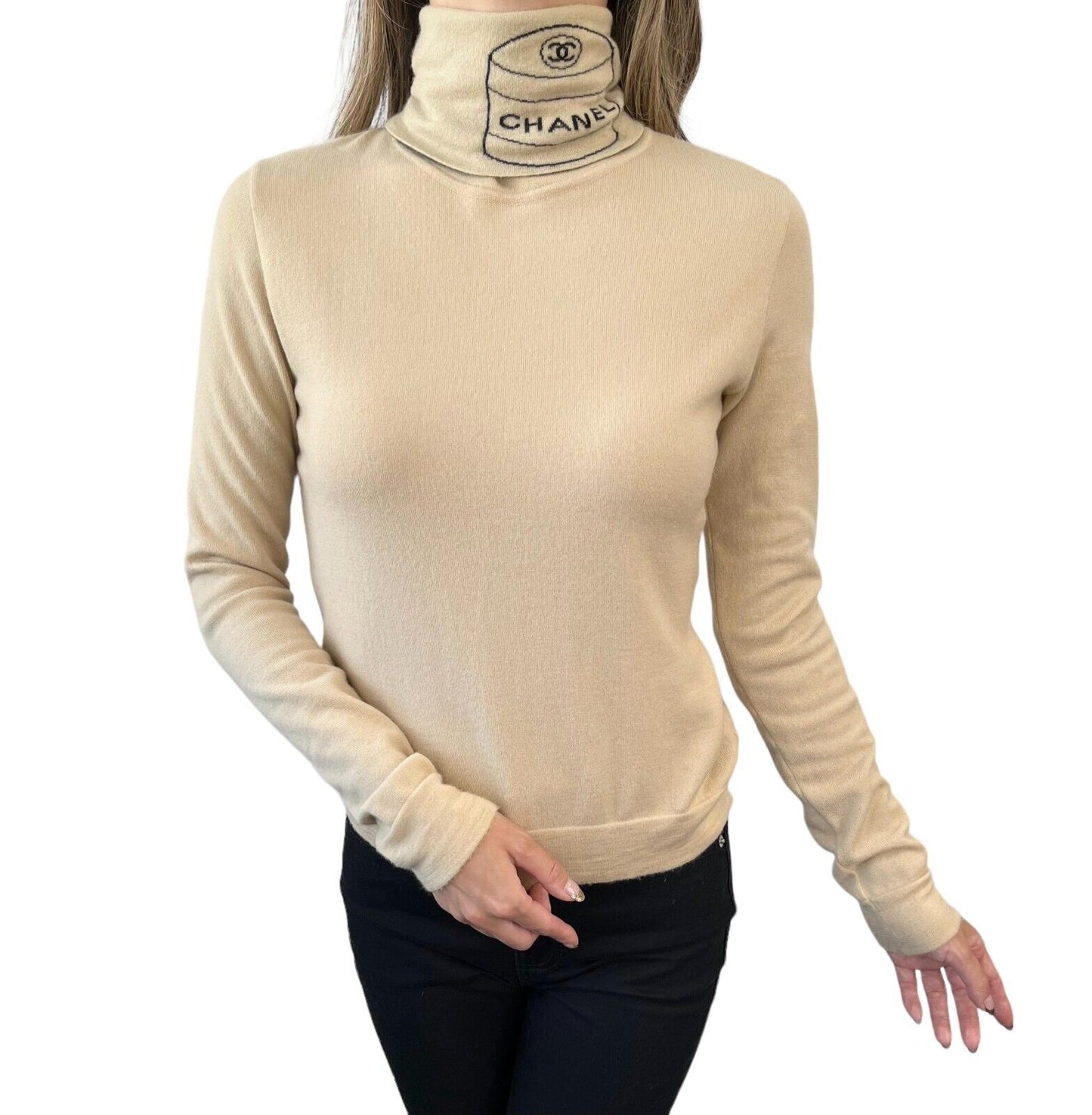 CHANEL Vintage 04A CC Logo Turtleneck Sweater #38 Long Sleeve Top Cream Cashmere