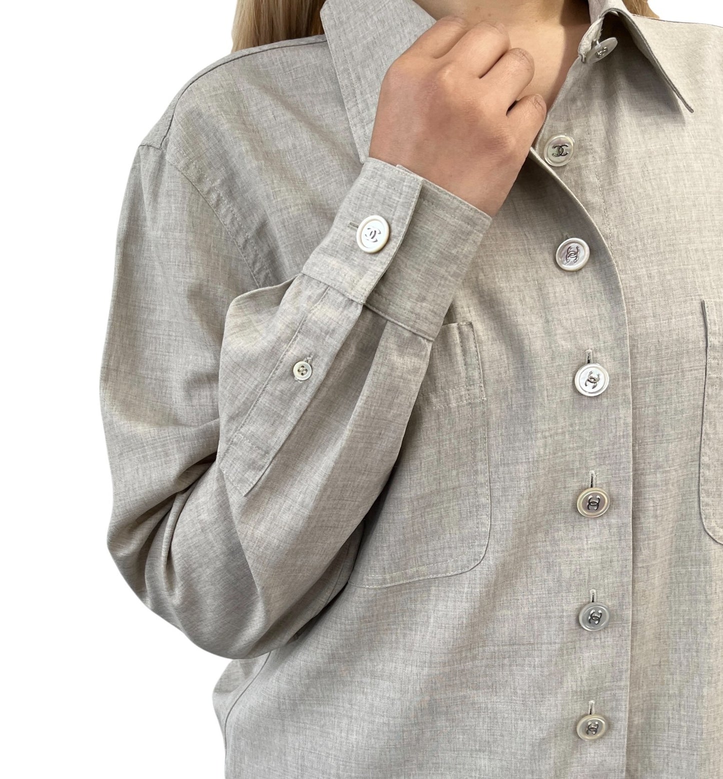 CHANEL Vintage CC Logo Button Up Shirt Blouse Top Beige Front Pocket Wool