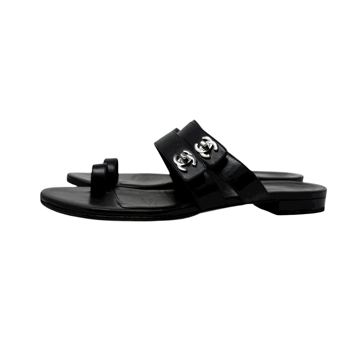 CHANEL Vintage CC Mark Logo Turnlock Flat Thong Sandals #37.5 Black Leather
