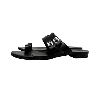 CHANEL Vintage CC Mark Logo Turnlock Flat Thong Sandals #37.5 Black Leather