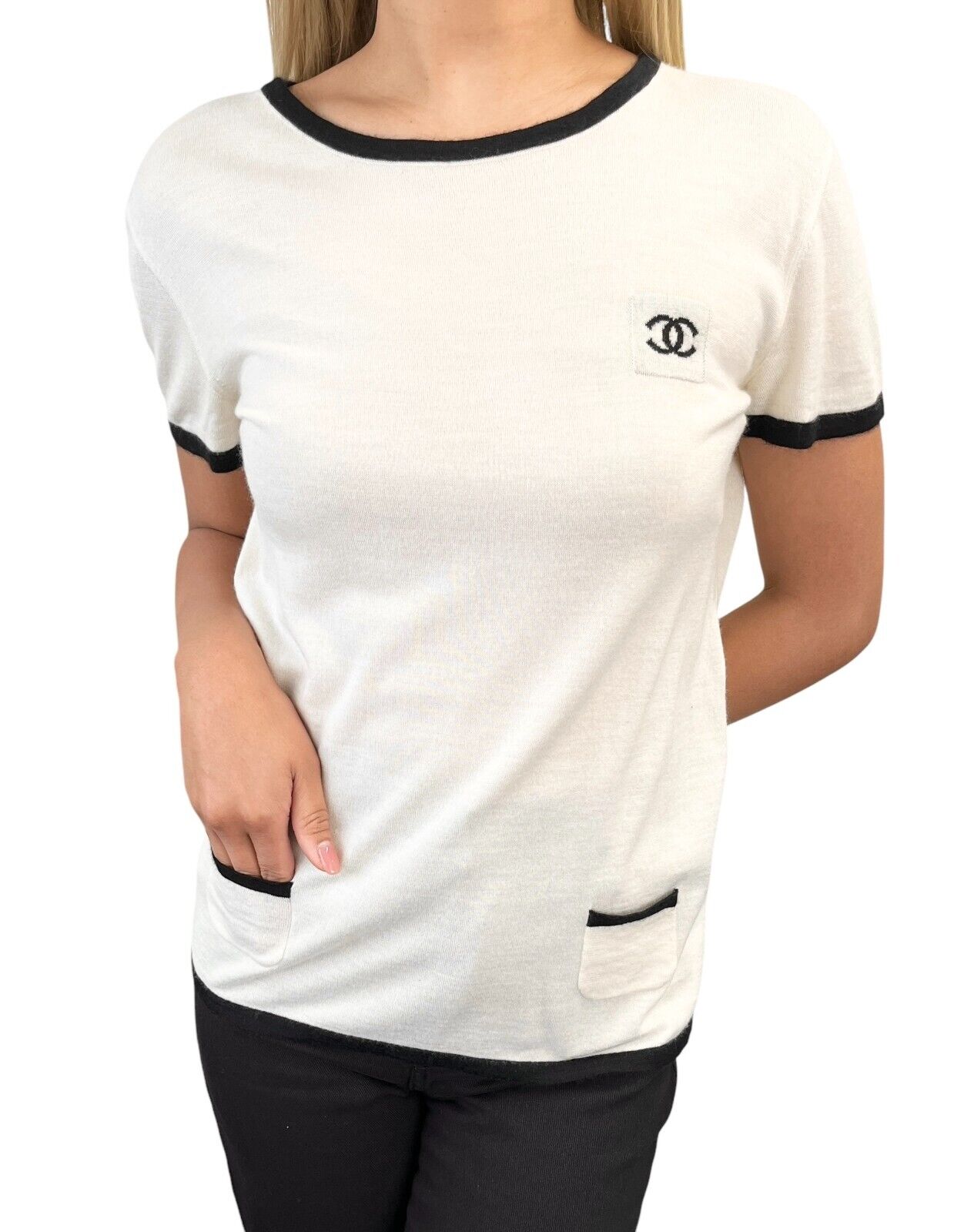 CHANEL Vintage 06C CC Mark Logo Knit Top #42 Pocket Pullover Cream Cashmere