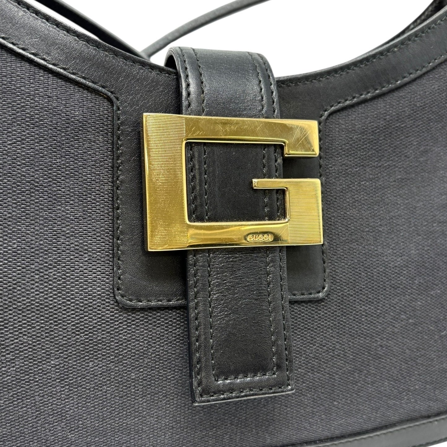 GUCCI Vintage G Buckle Logo Shoulder Bag Black Gold Leather Cotton Magnet