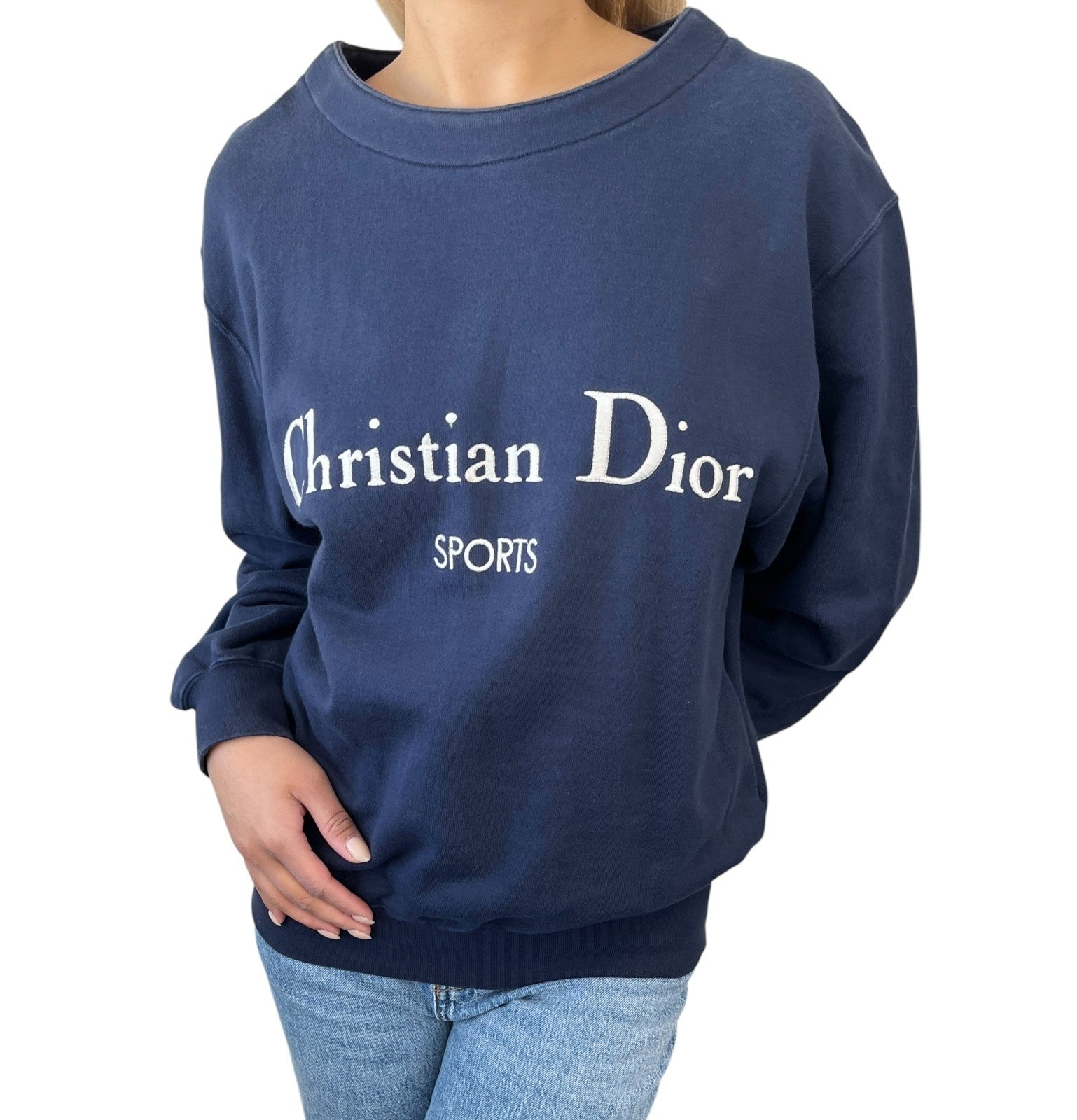 Christian Dior Sports Vintage Logo Sweatshirt Top #L Dark Blue Silver Cotton