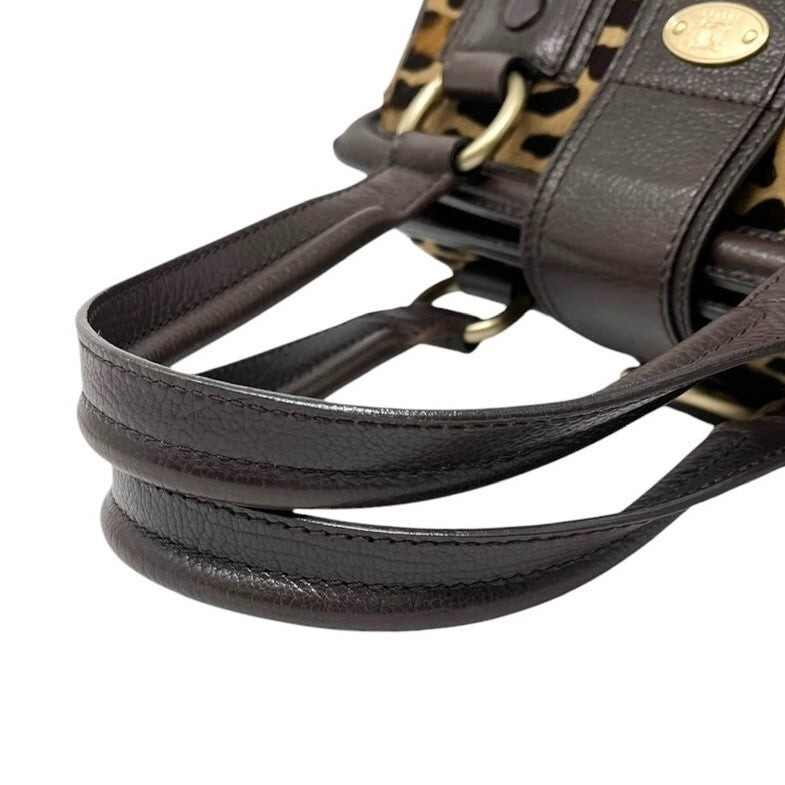 CELINE Vintage Macadam Logo Leopard Shoulder Bag Brown Beige Calf Hair Leather