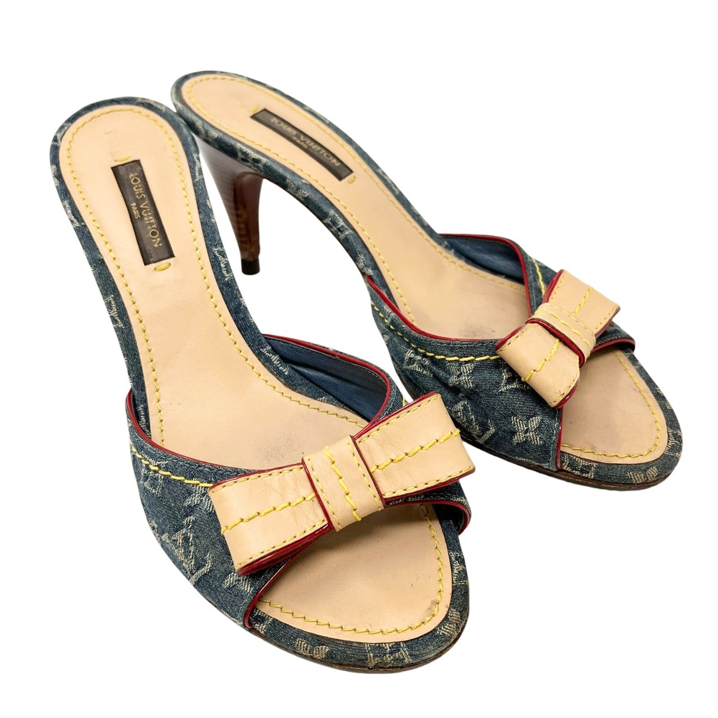 LOUIS VUITTON Vintage LV Monogram Logo Denim Sandals Heels #35.5-36 Blue Beige
